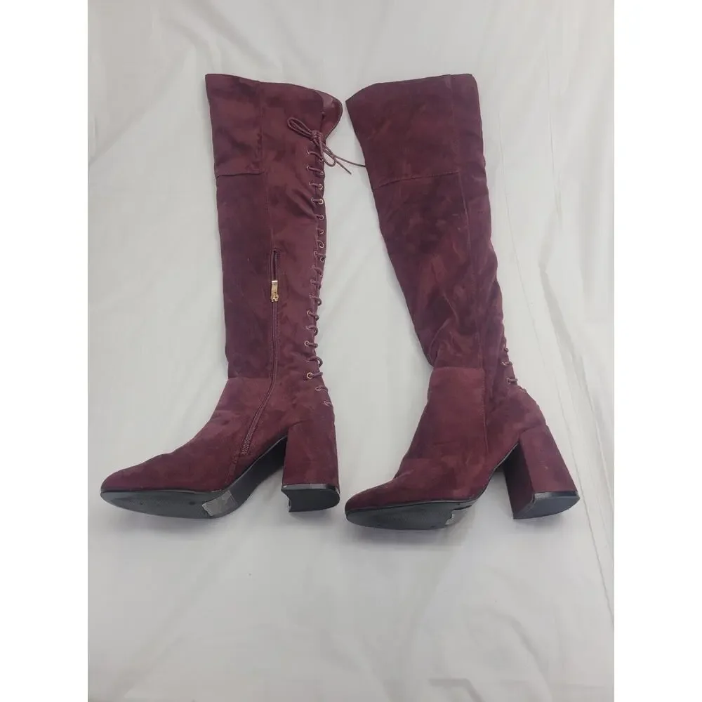 Indulge Size 7 Suede High Heel Over The Knee Boots Lace Up Zip Burgundy Maroon